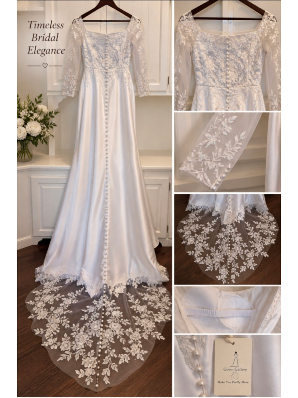 NWT Gown Gallery White Lace Satin Long Sleeve Wedding Dress Bridal Gown